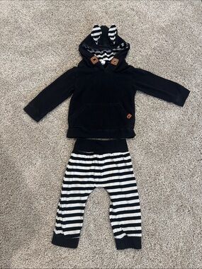 Black Animal Ear Hoodie and Black & White Striped Pants Kids Matching Set